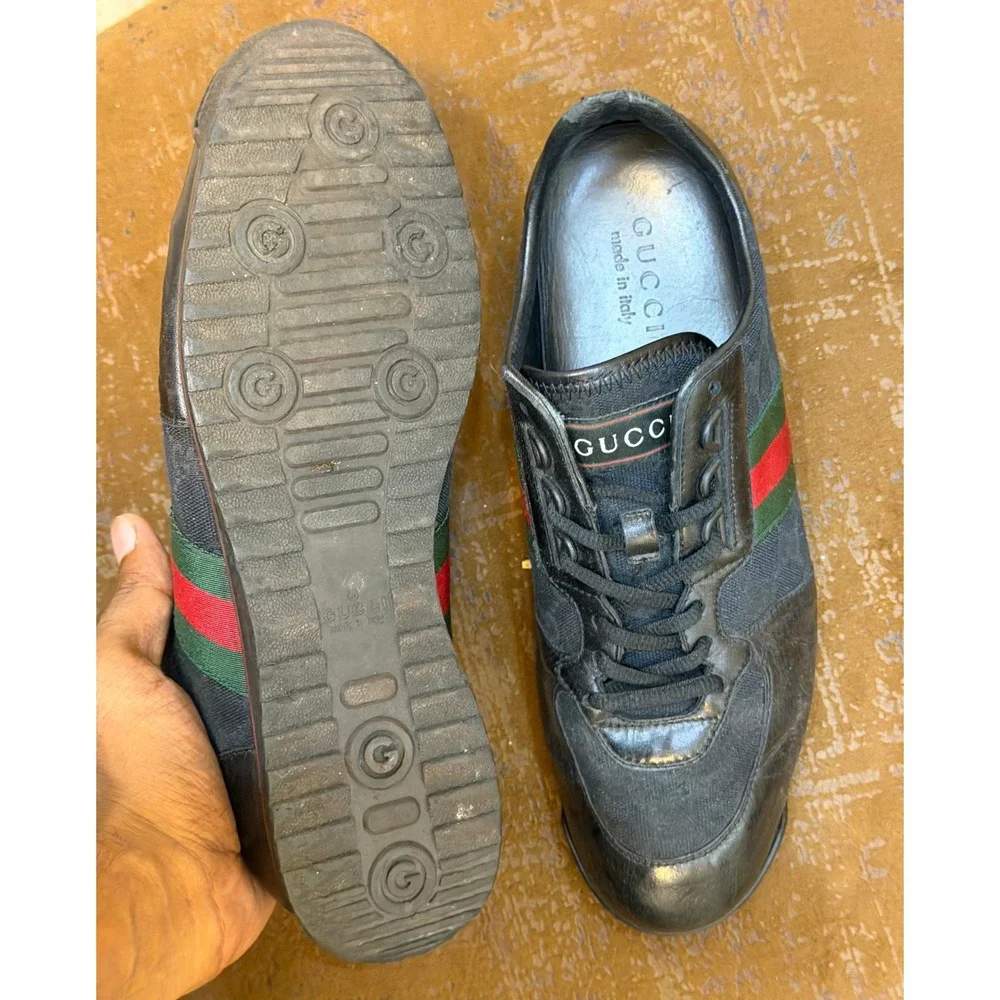 Gucci Mens 231715 GG Supreme Web Stripe Black Leather Low Top Sneakers 9.5 G
